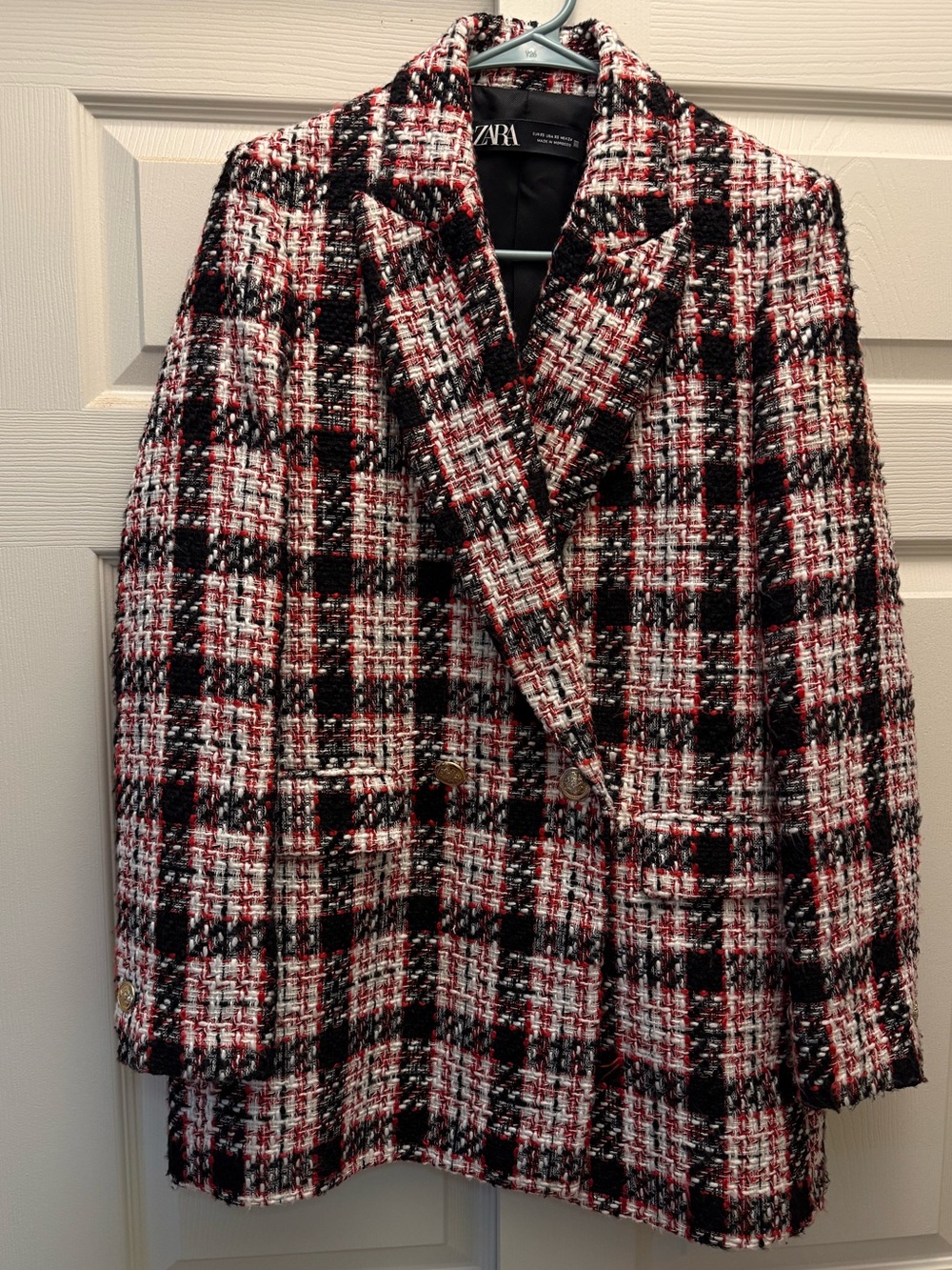 Zara Red, Black & White Tweed Double-Breasted Blazer
